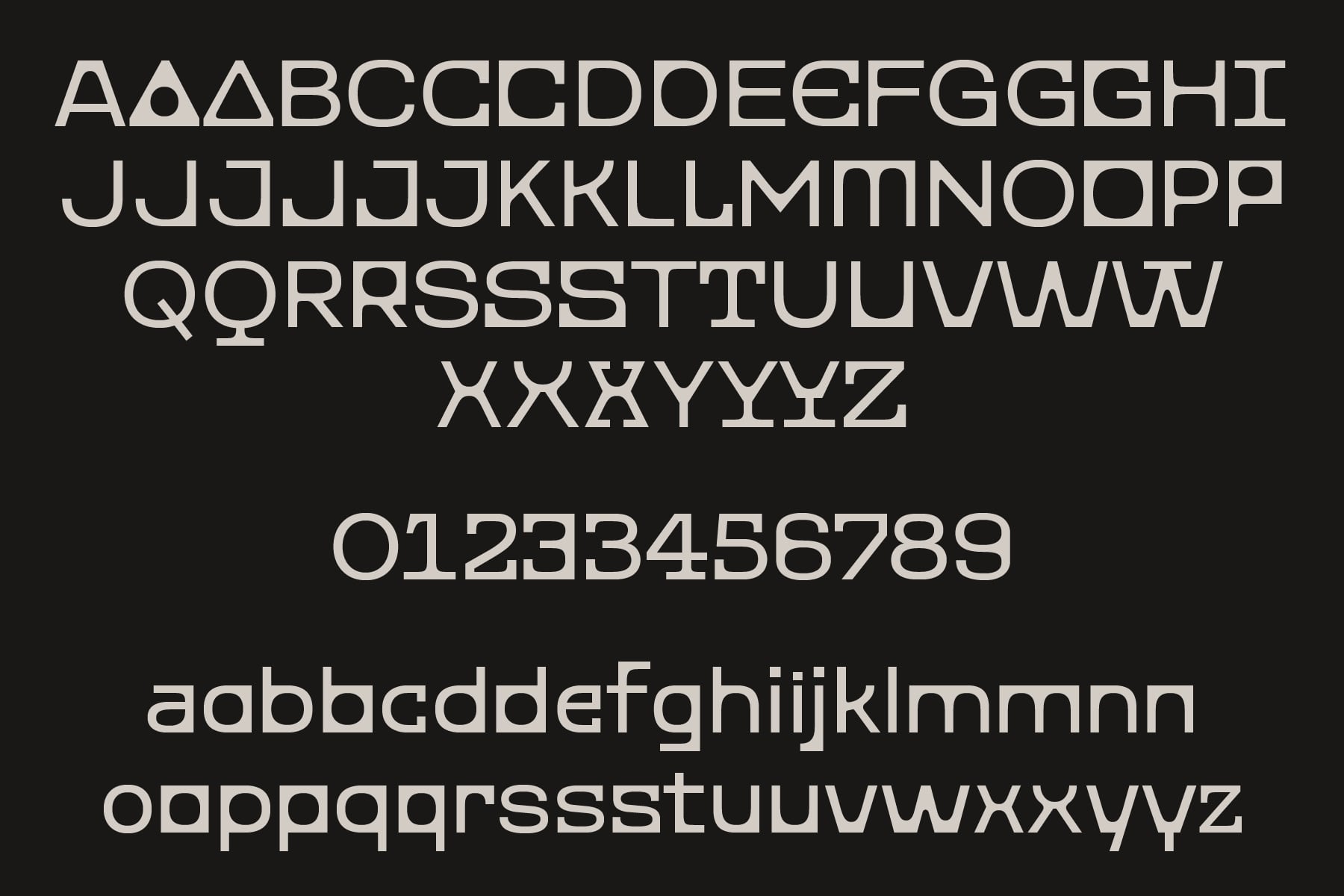 Clean geometric sans serif font showing uppercase, lowercase, plus numbers on dark background