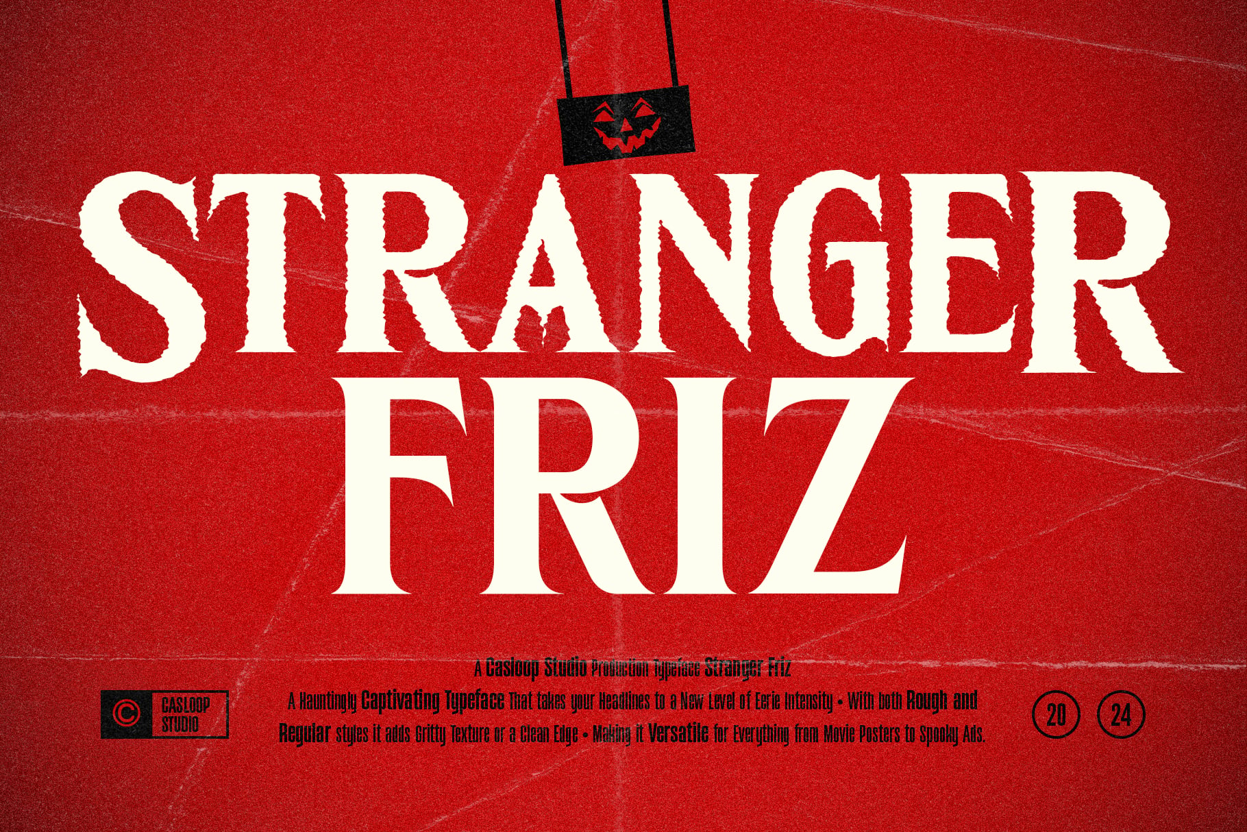 Stranger Friz typeface display with creepy hanging ornament on distressed red background