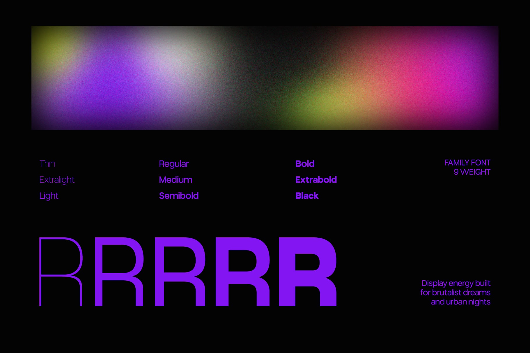 Neon purple font family with 9 weights, gradient colorful header, dark background