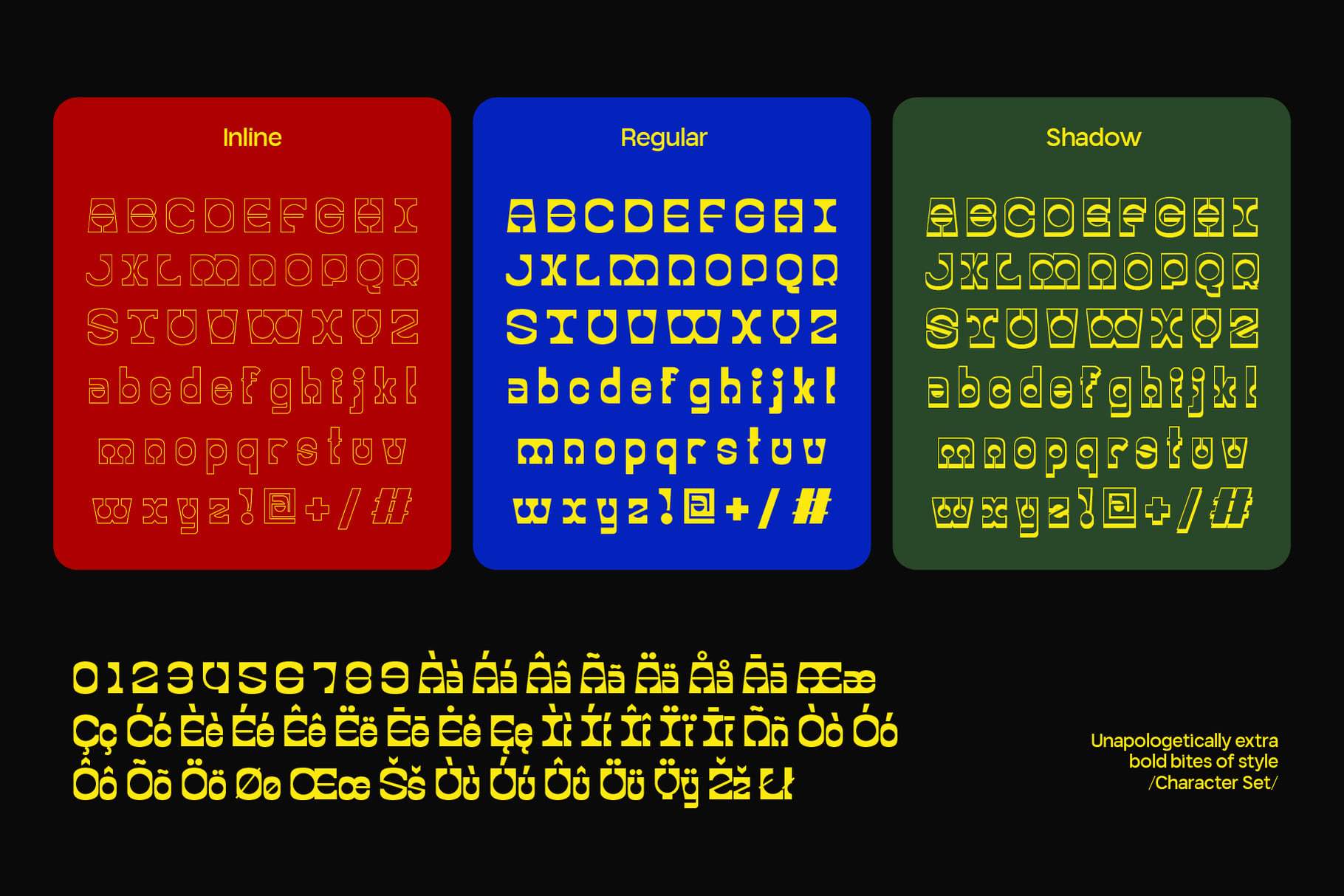 Bold geometric font in three weights showing inline, regular, shadow styles on colored backgrounds