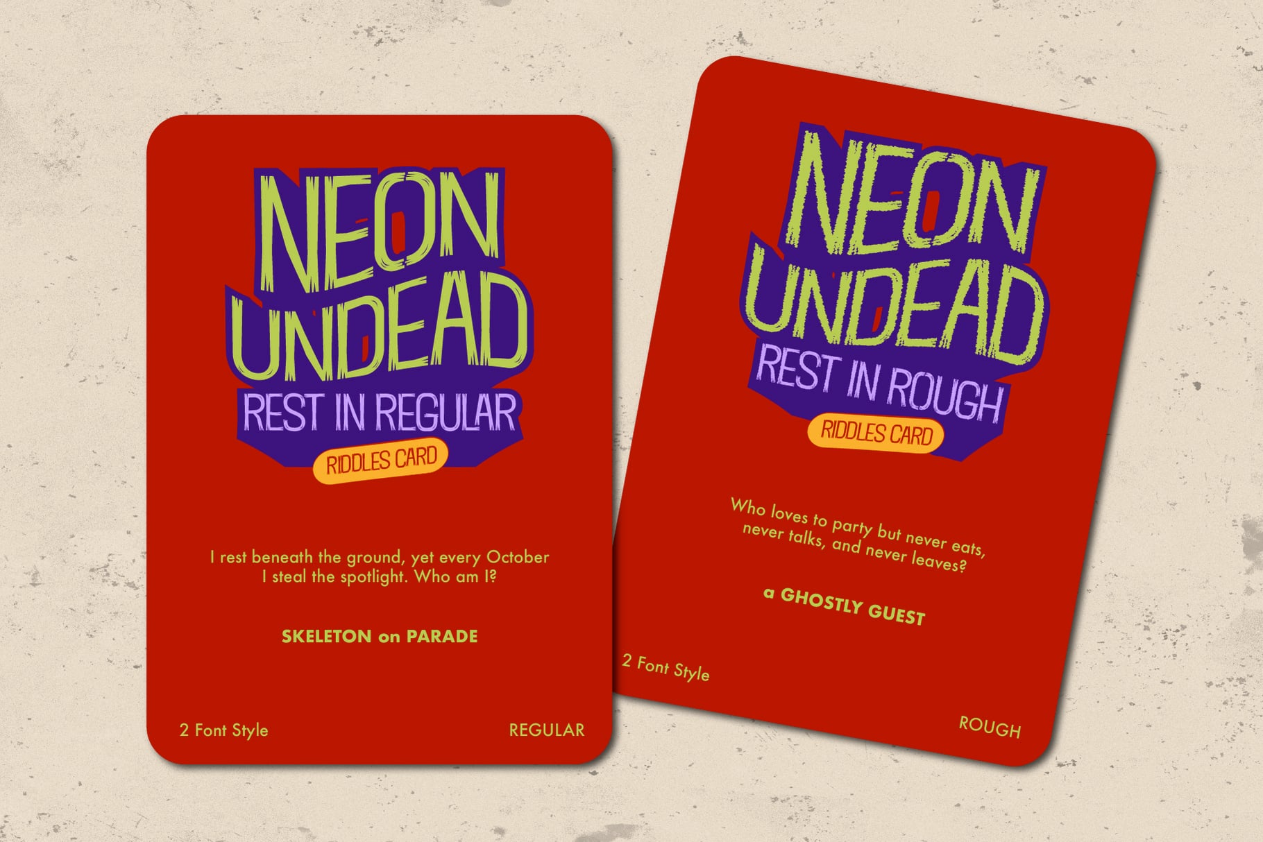 Neon Undead riddles card mockup showing regular plus rough font styles on red