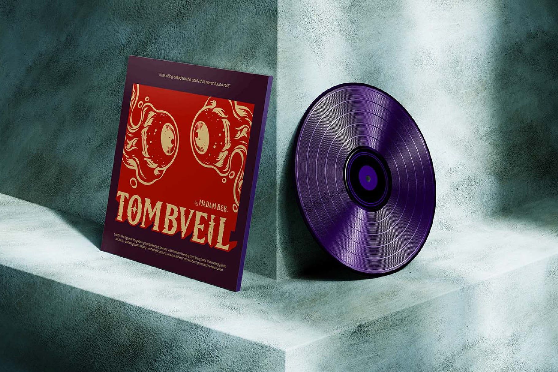 Vinyl record mockup with burgundy album cover featuring ornate gold lettering on textured concrete background