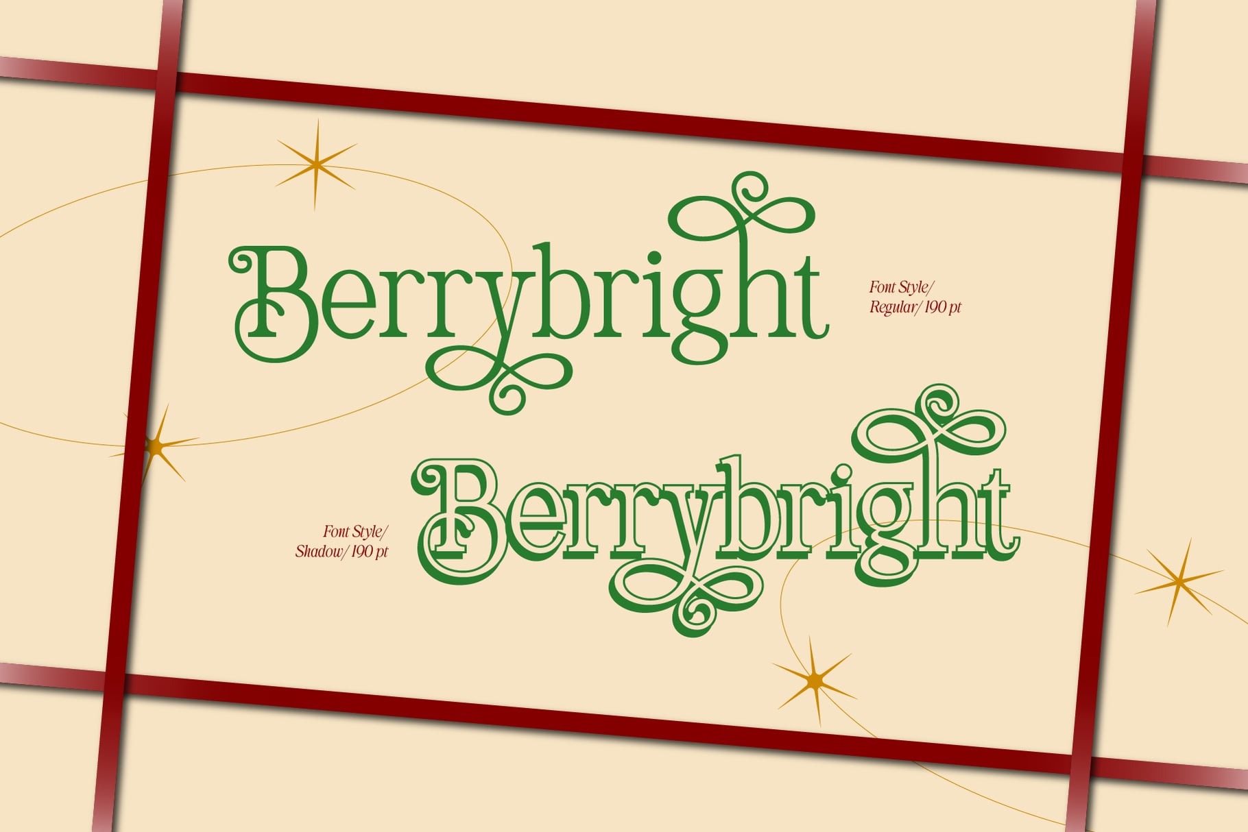 Berrybright font display with ornate green lettering, gold stars, red frame on cream background