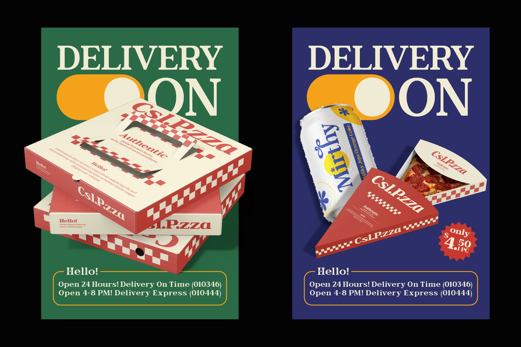 Retro pizza delivery posters in green, blue with stacked boxes, drink, geometric shapes