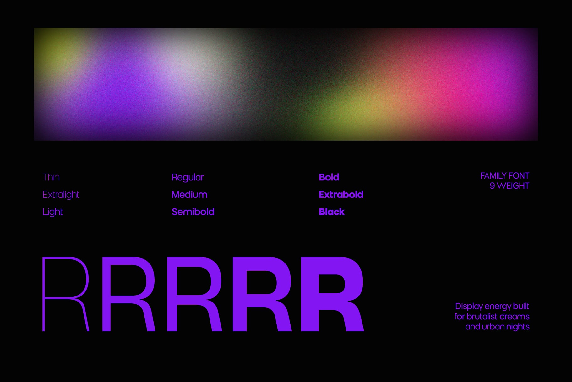 Neon purple typeface with 9 weights displayed on dark background with colorful blur gradient