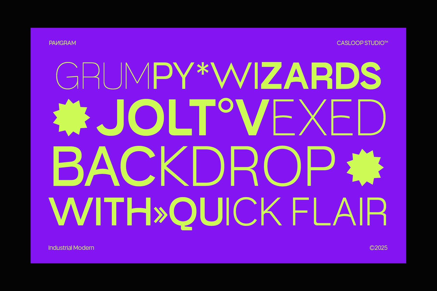 Neon yellow type on bright purple background with playful burst shapes, Industrial Modern vibe
