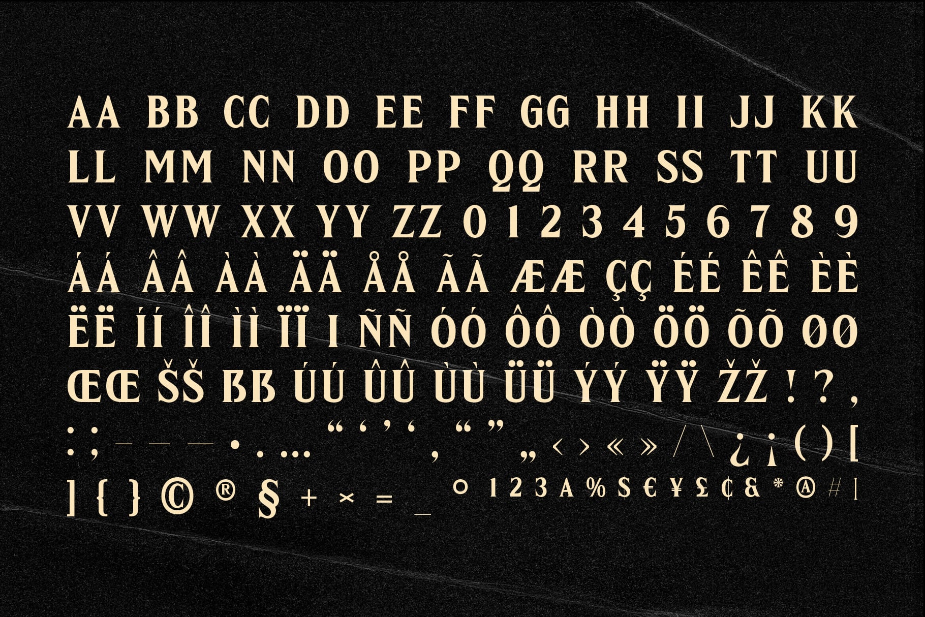 Elegant serif font character set displaying full alphabet, numbers, international accents, symbols on dark textured background