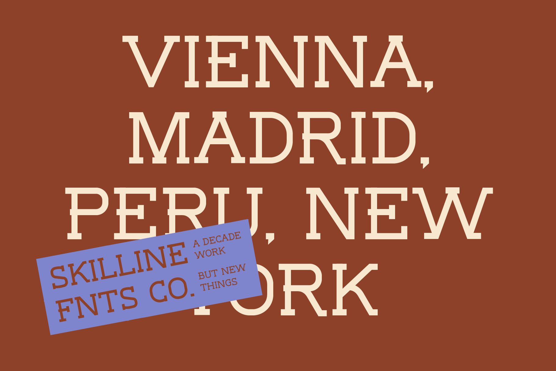 Cream serif text listing European cities on rust background with angled blue label overlay
