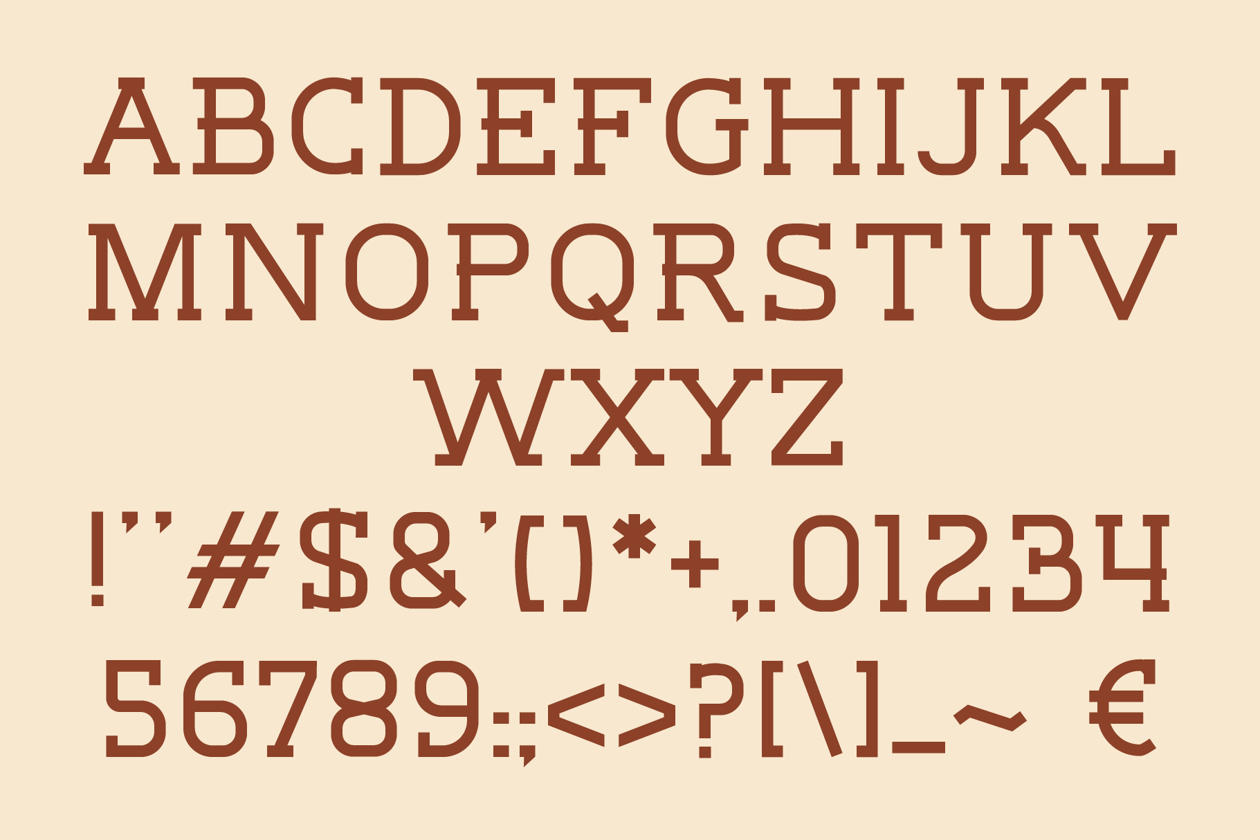 Rustic serif typeface showing full character set with uppercase, numbers, symbols on cream background