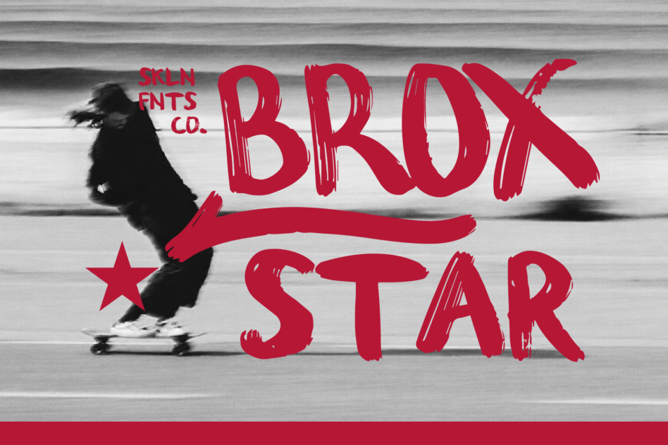 Skateboarder in motion with bold red brush stroke lettering spelling Brox Star on striped background