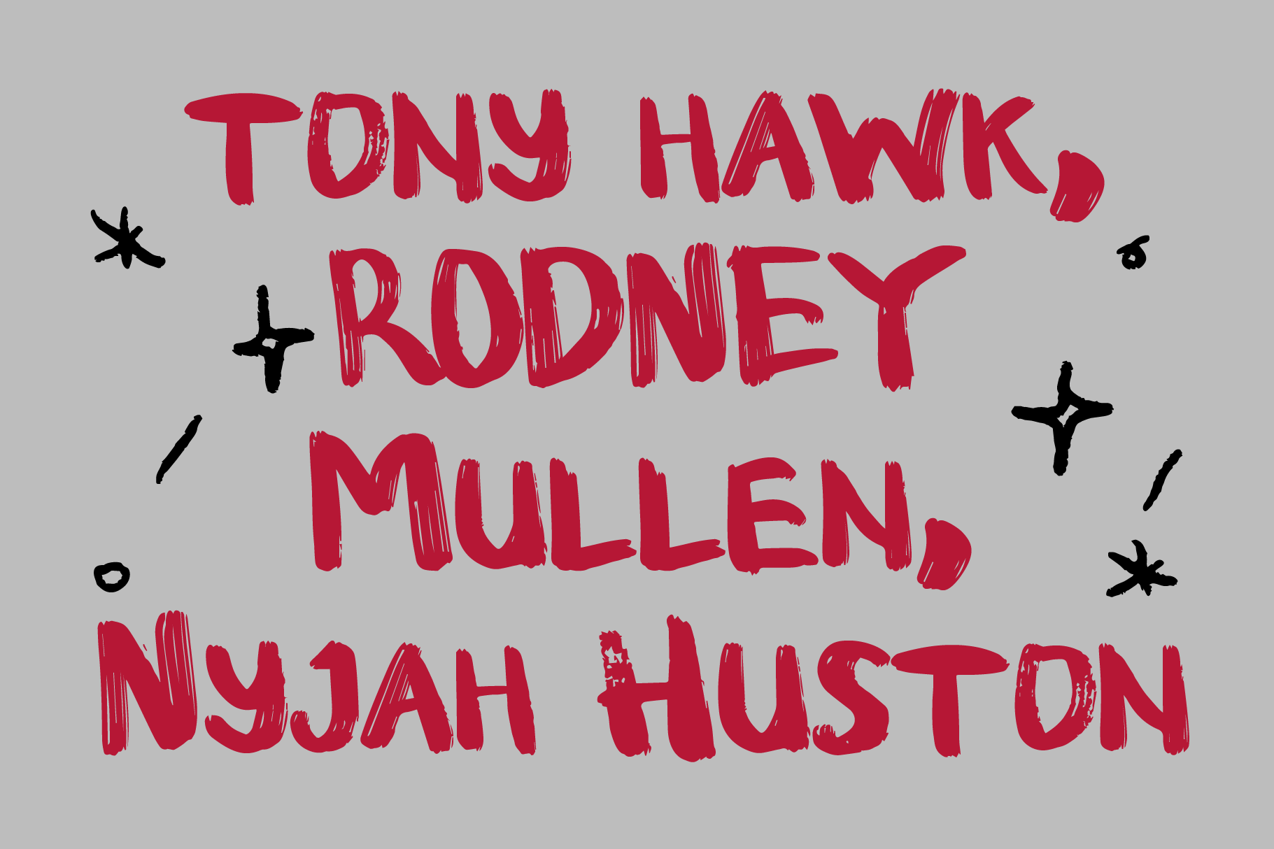 Handwritten red text listing celebrity names with black doodle marks scattered around on gray background