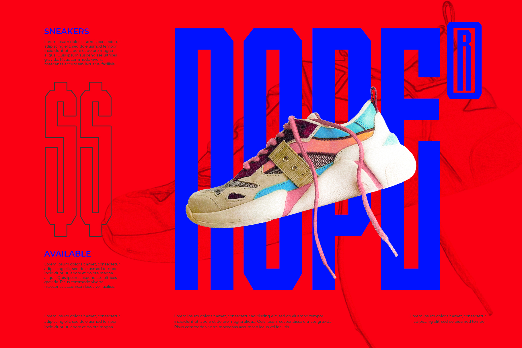 Colorful retro sneaker mockup with bold blue typography on vibrant red background design