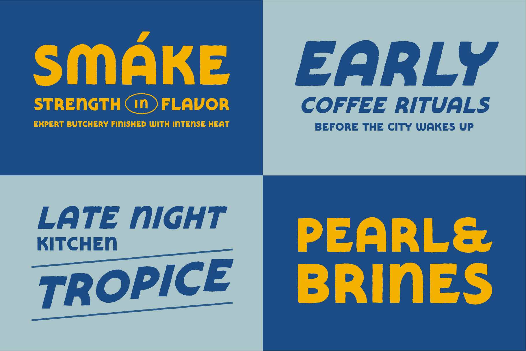 Bold sans serif font mockup with four restaurant brand concepts in navy blue, yellow, light blue color blocks