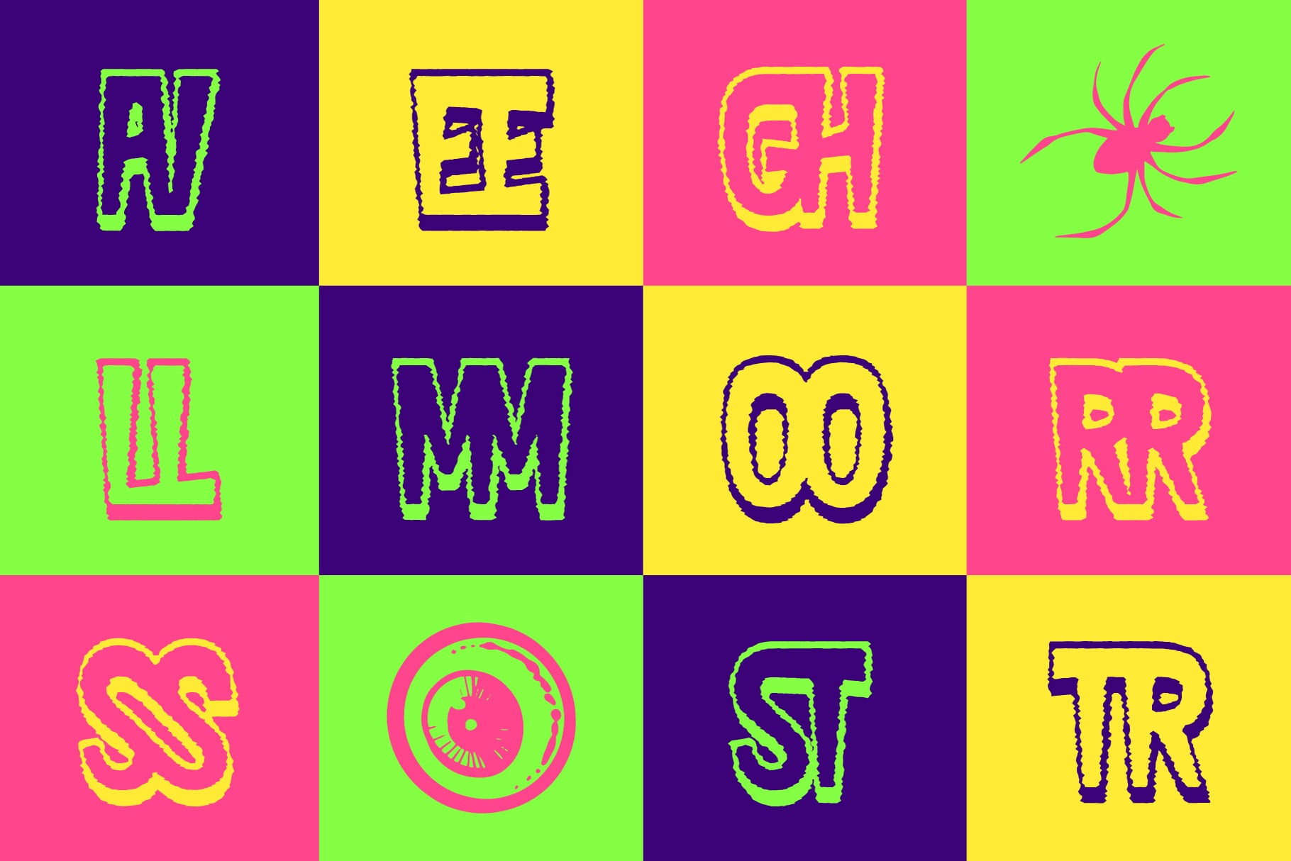 Neon letter grid mockup with bold outlines in hot pink, lime, purple, yellow on vibrant color blocks