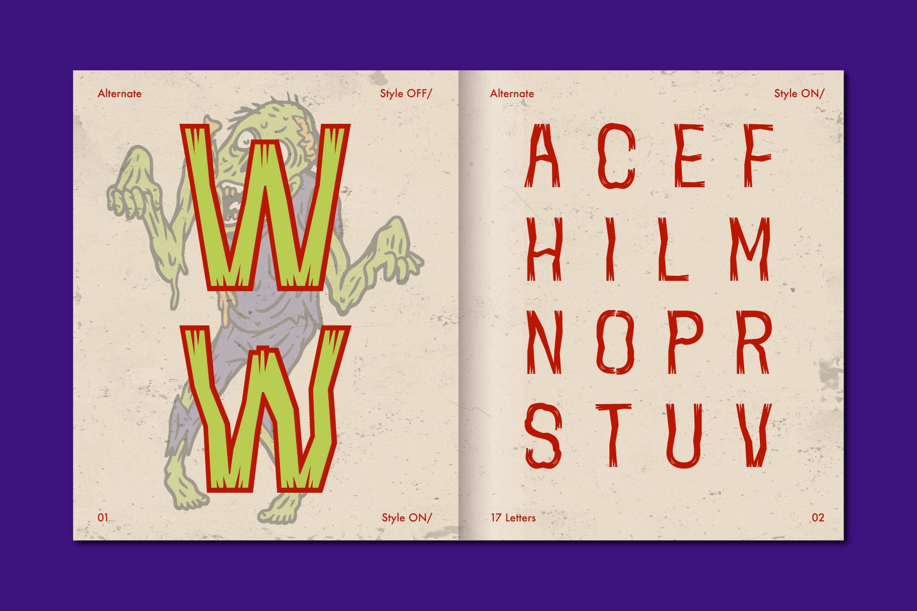Hand-drawn font with creature illustrations, red letters on cream paper texture, two style options