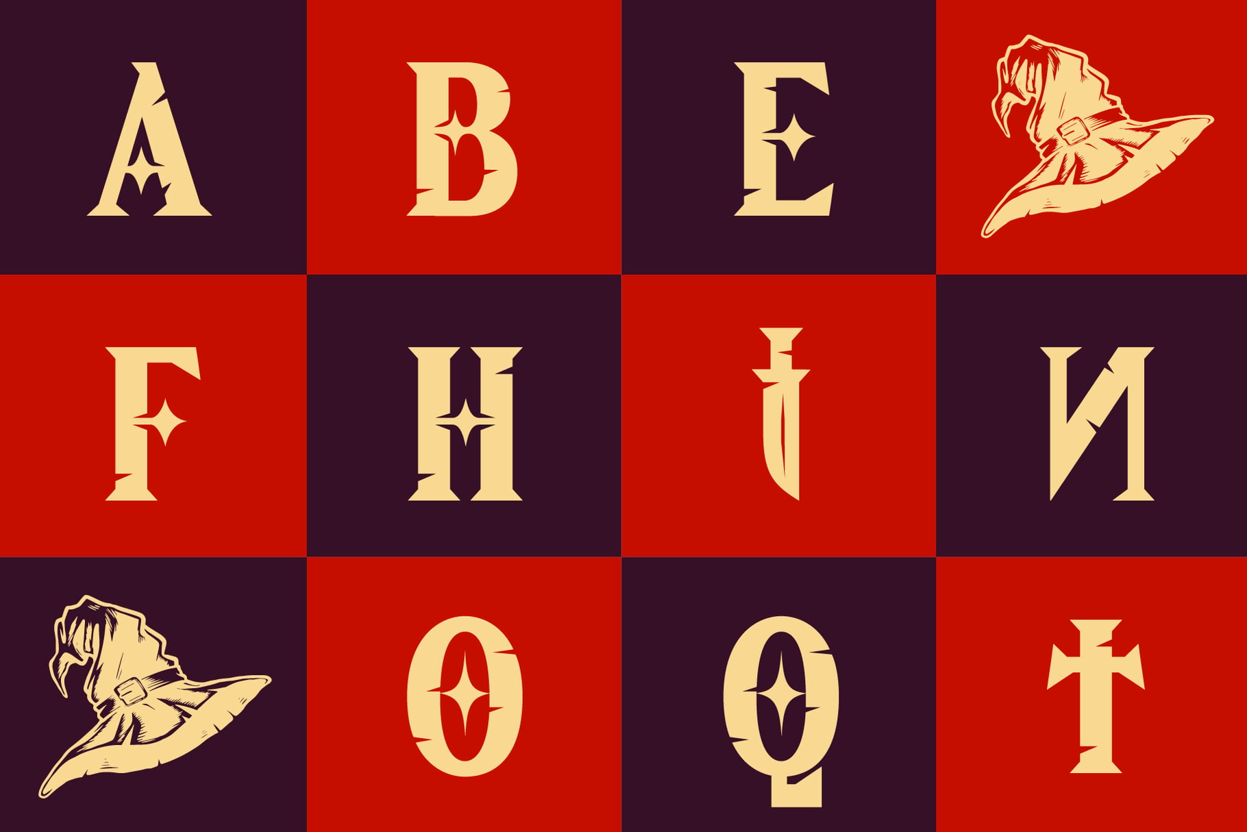 Ornate serif letters with stars in cream on red plus purple checkerboard, hand illustrations included
