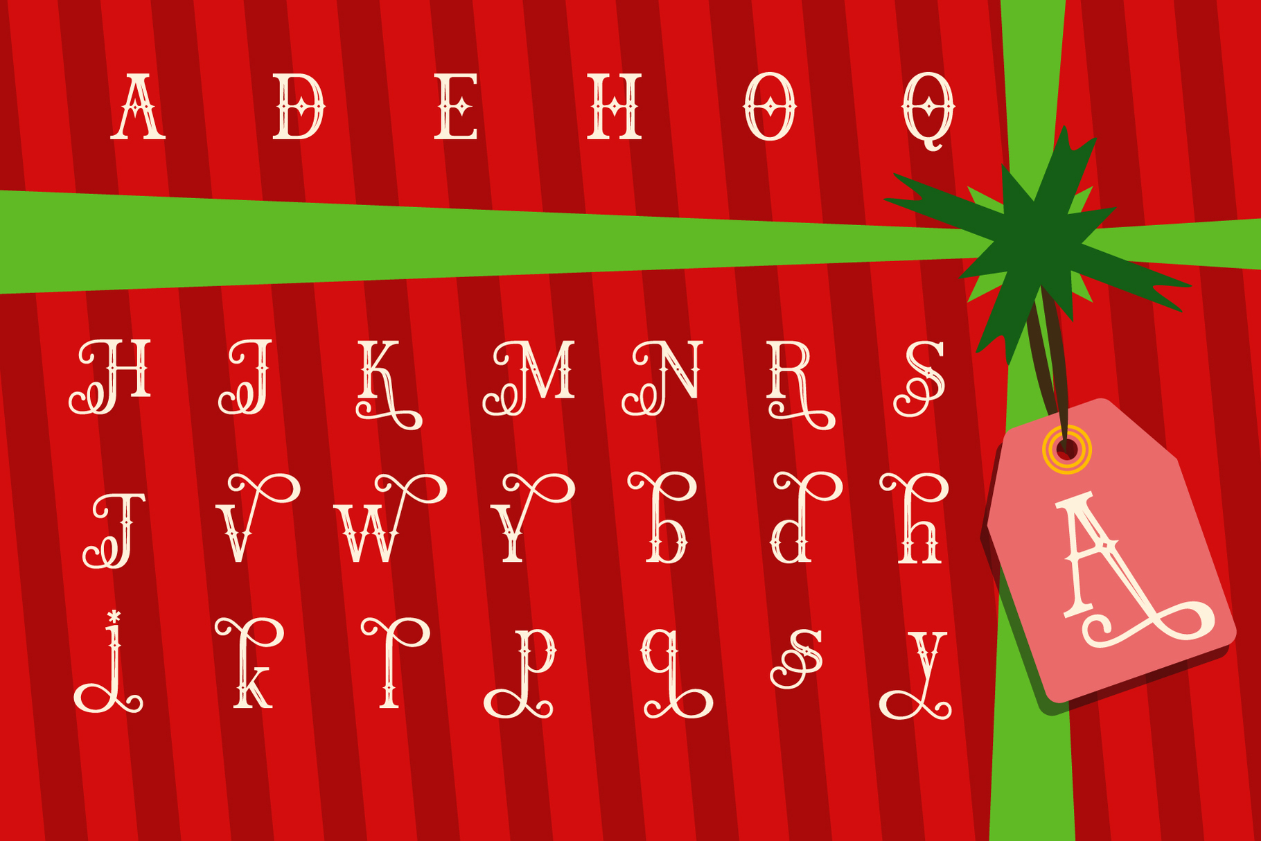 Ornate serif font specimen with decorative flourishes on red striped background, green ribbon, gift tag