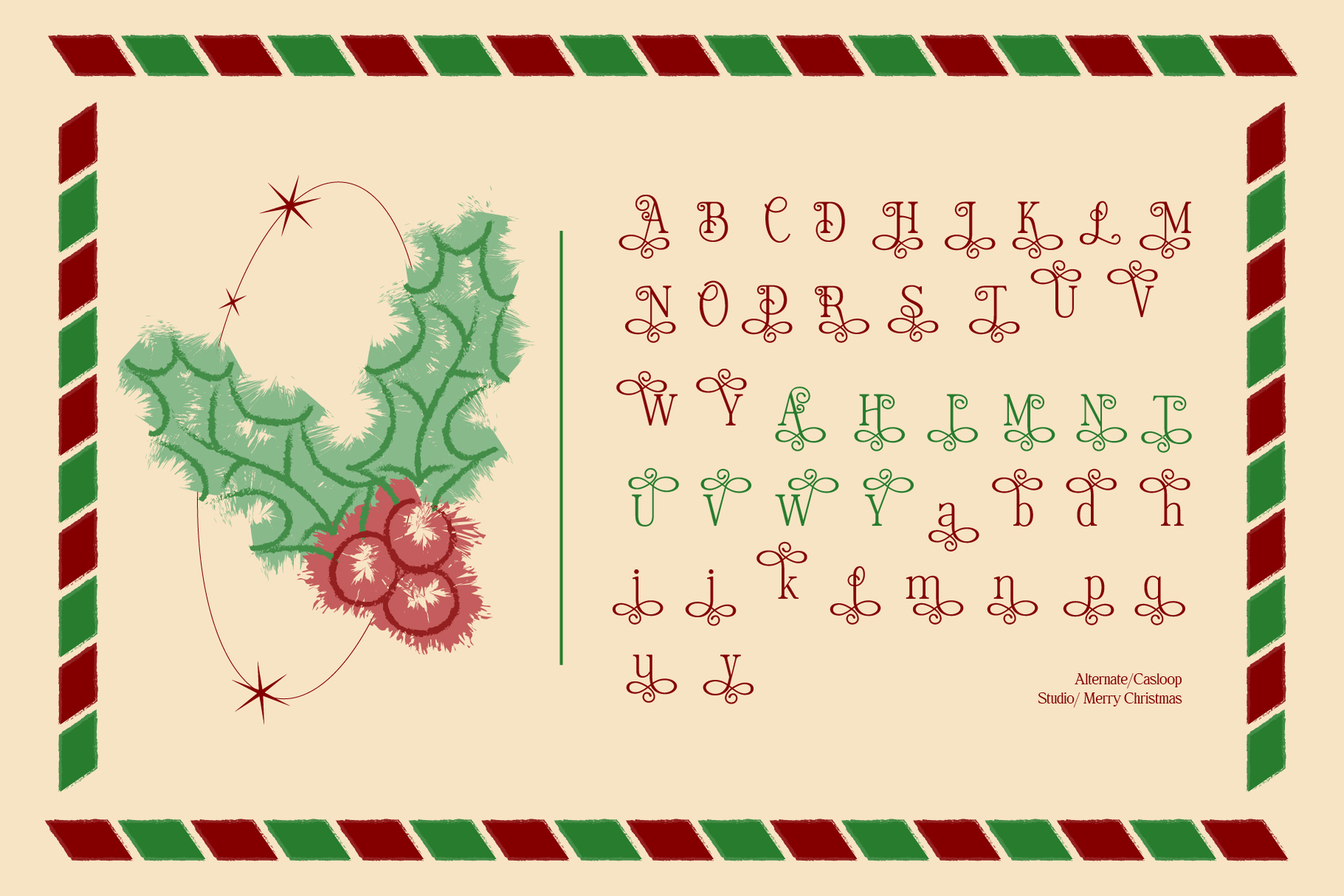 Festive script font with ornamental flourishes in red, green characters displayed on cream background with holly decoration