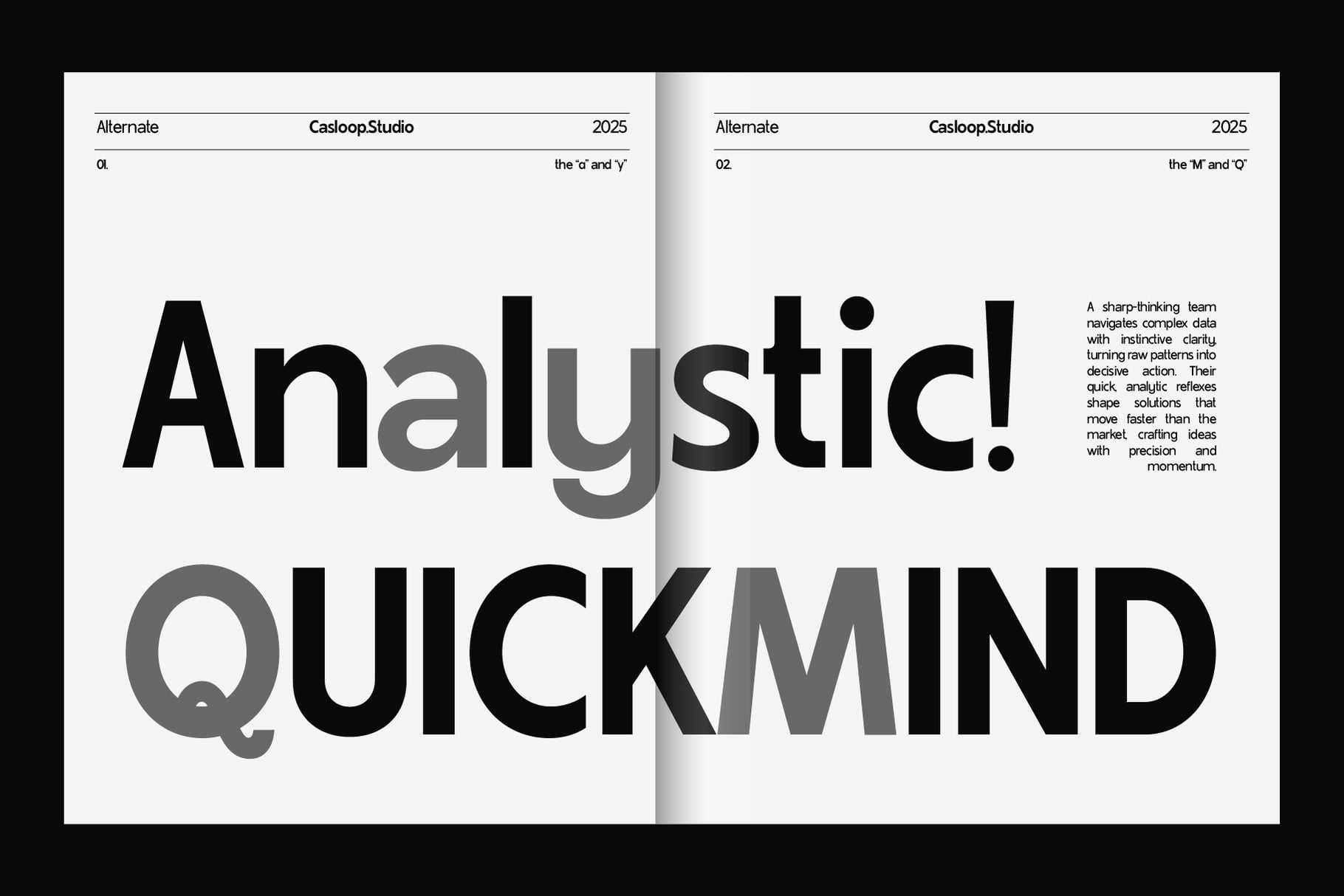 Casloop Studio font specimen showing Analytic Quickmind typeface in black plus gray weights