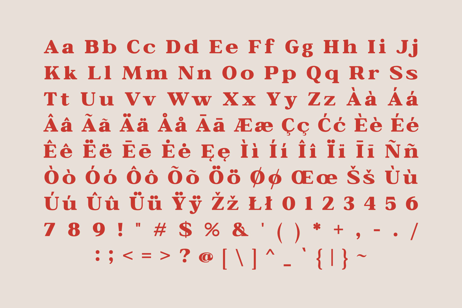 Red serif font with full character set including accents, numbers, symbols on cream background
