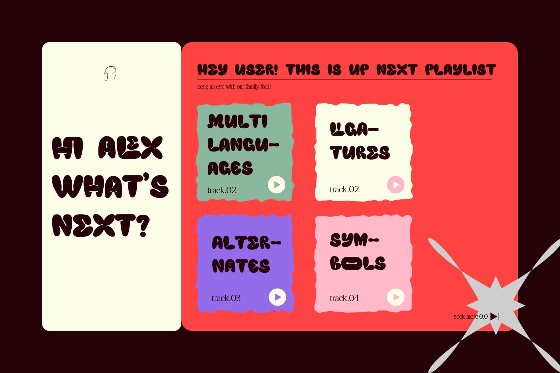 Bright red music app mockup with colorful track cards, playful typography, retro vibe