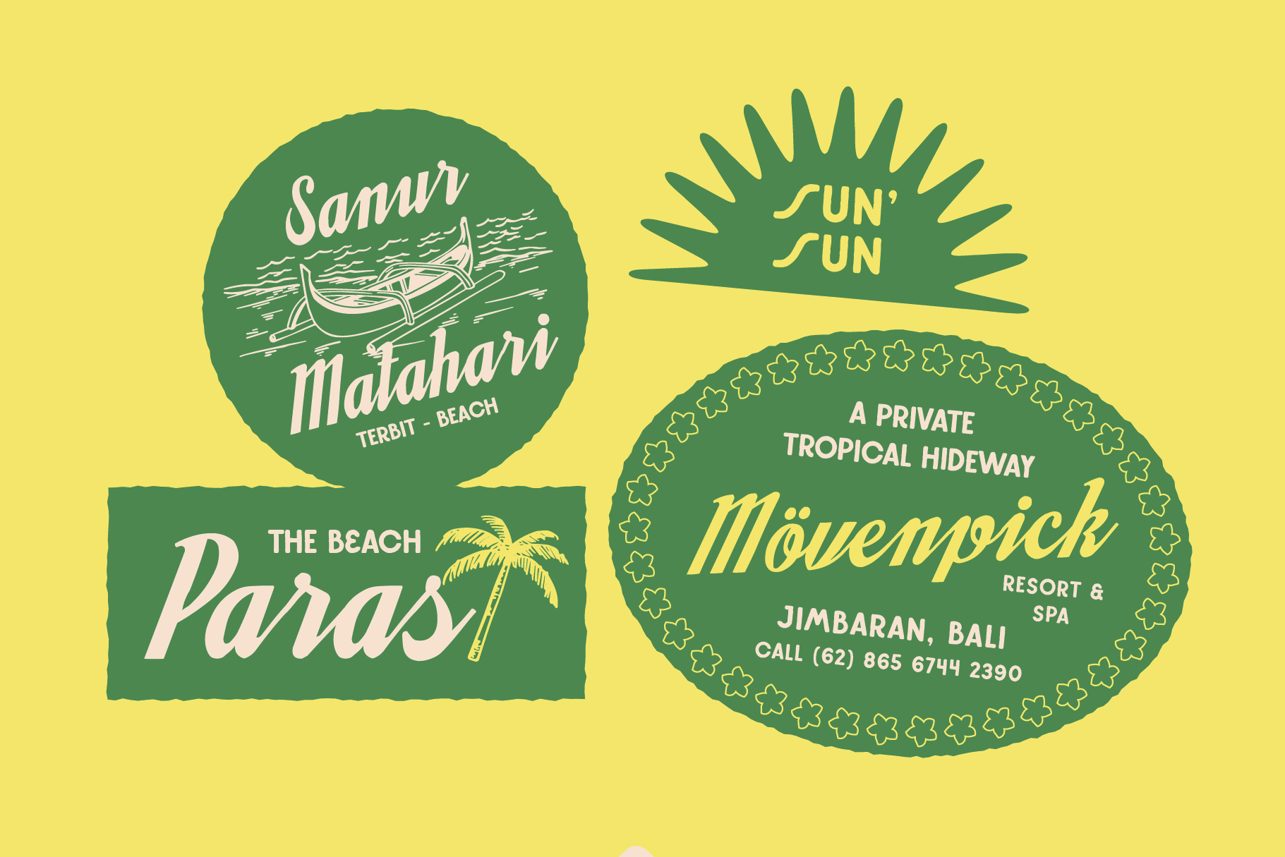 Retro tropical resort badges with boat, palm tree, sun motifs in cream on green circles