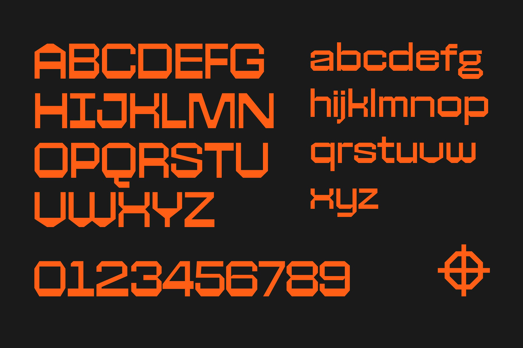 Bright orange geometric typeface with uppercase, lowercase, numbers, plus a crosshair icon on black background