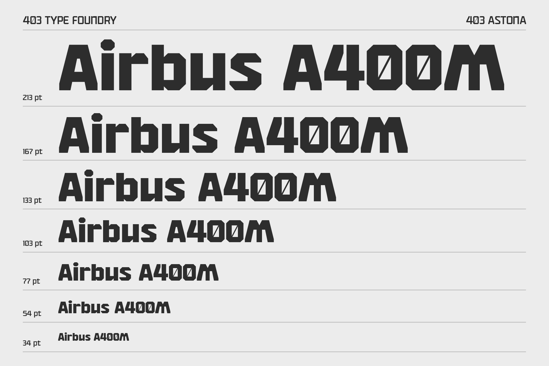 Airbus A400M font family showing multiple sizes from 213pt down to 34pt
