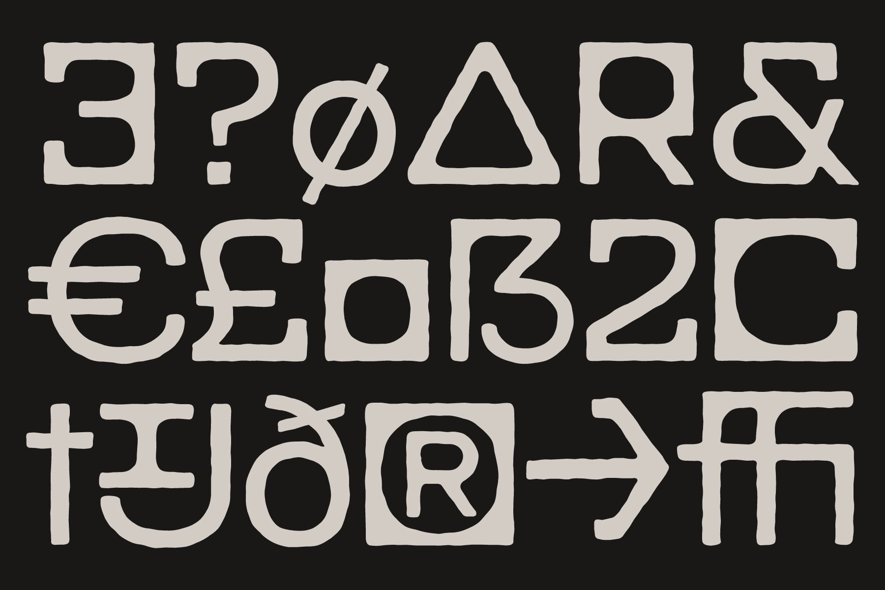 Bold display font with mixed alphanumeric characters, symbols, currency signs, geometric shapes on dark background