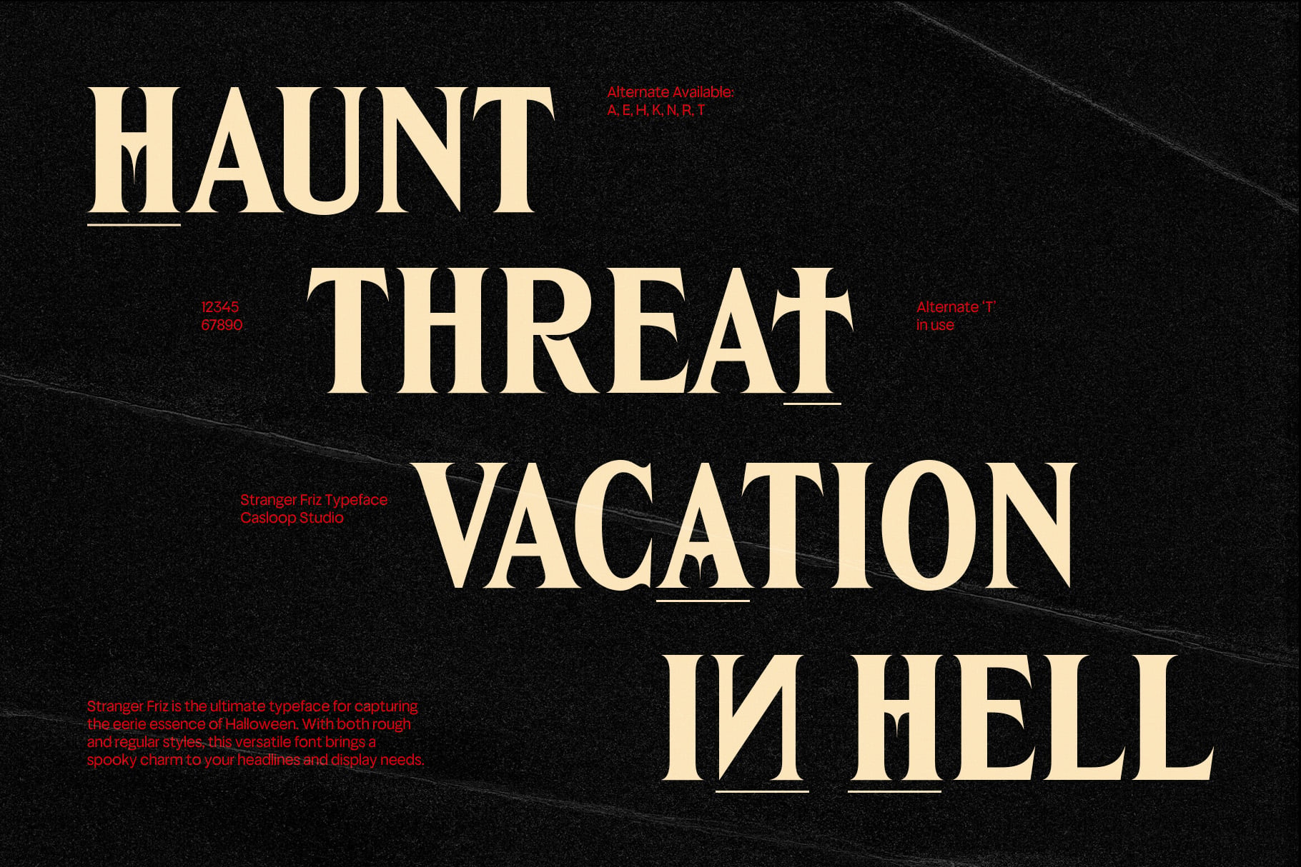 Stranger Friz typeface sample showing cream serif letters on black textured background with alternate characters