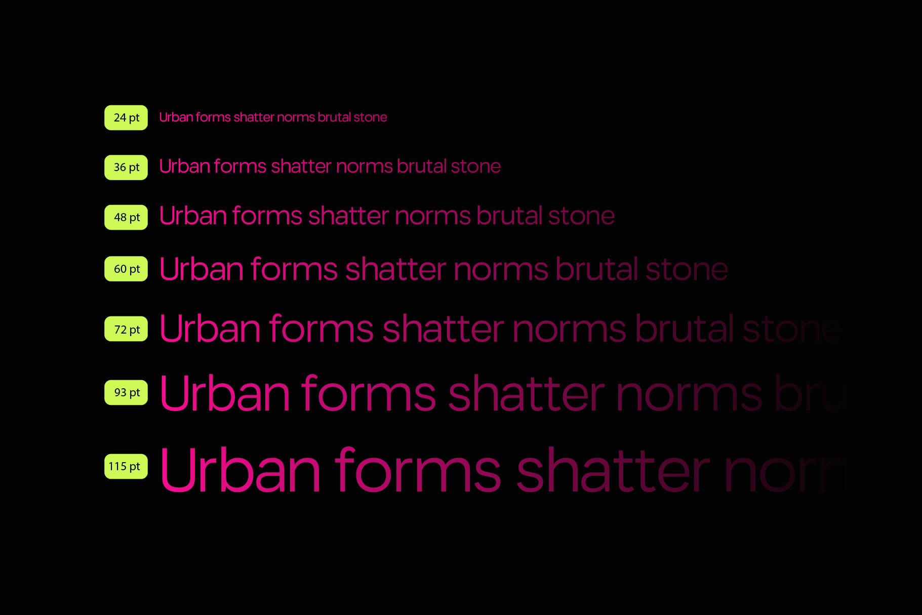 Urban forms shatter norms brutal stone font displayed in multiple sizes with lime labels