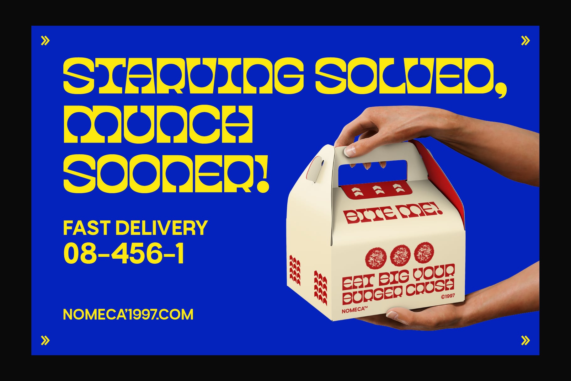 Retro fast food box mockup with hands holding cream takeout container on bright blue background
