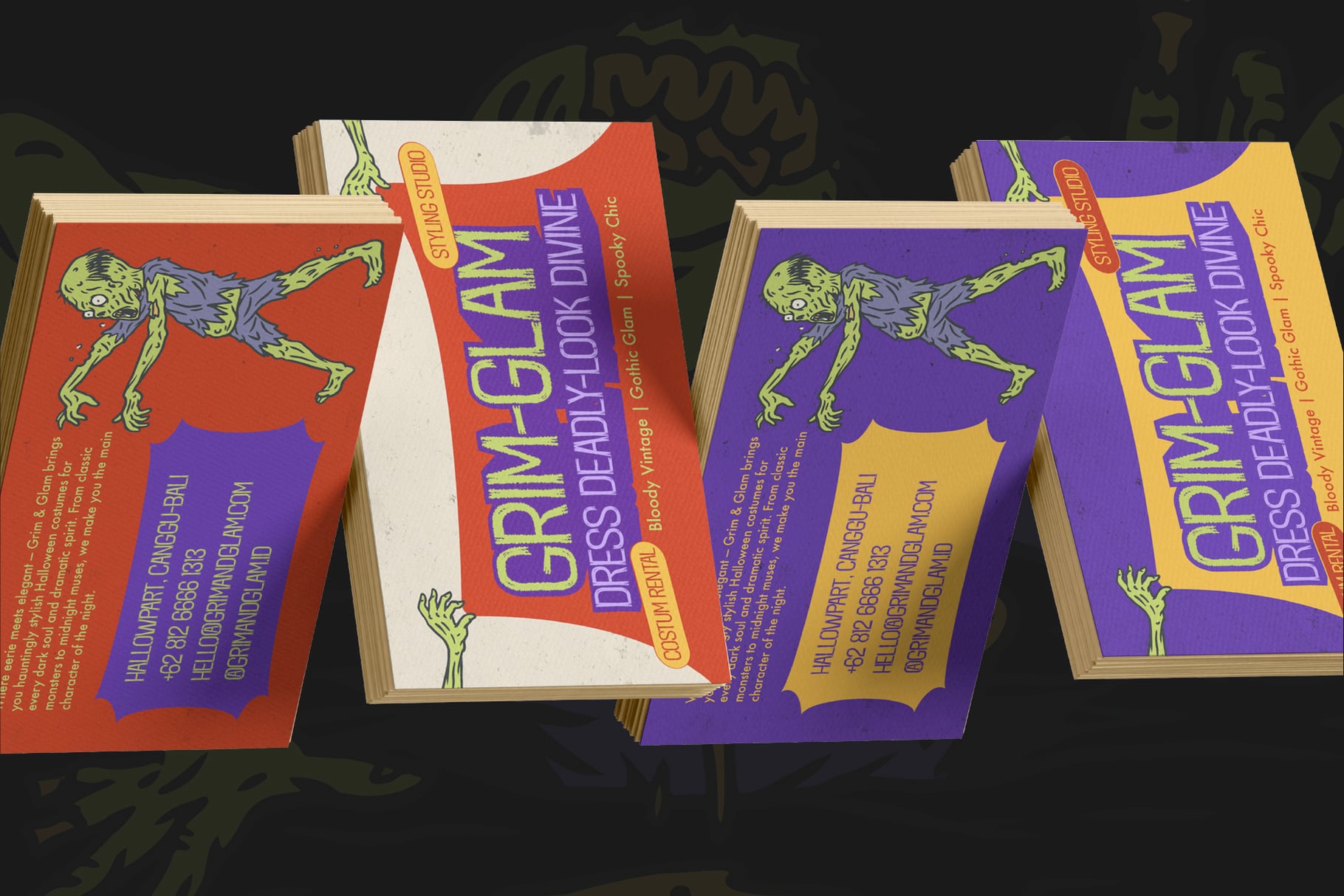 Grimglay book cover mockup in red, purple, yellow with zombie character illustration on spine