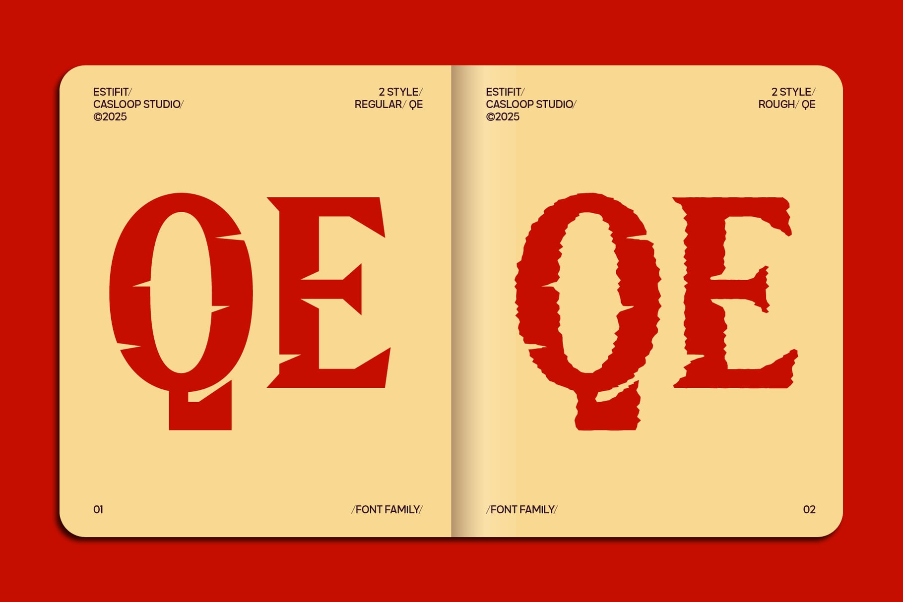 Open spread showing QE font in regular crisp cuts vs rough distressed texture