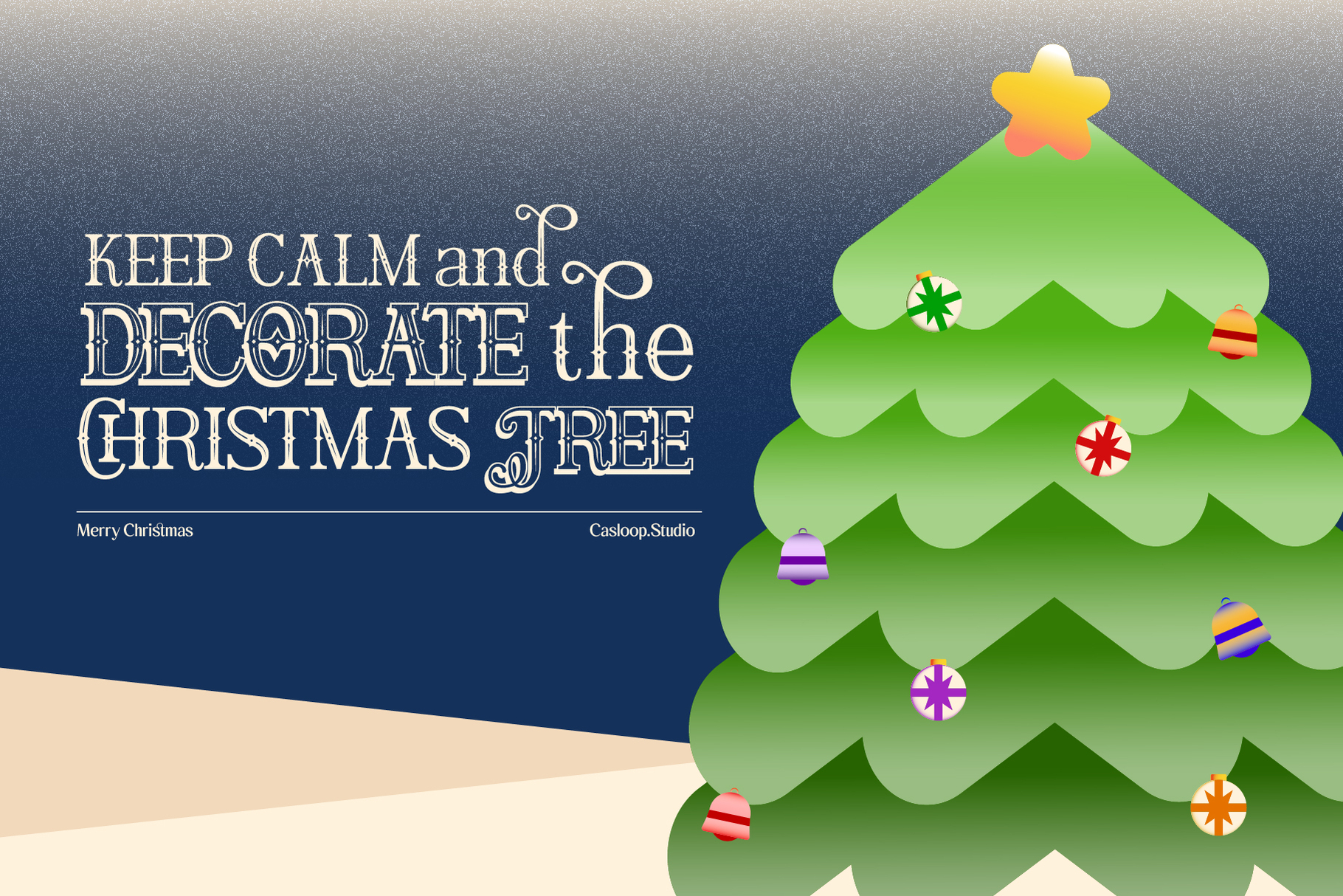 Retro holiday poster with keep calm text, geometric Christmas tree with colorful ornaments
