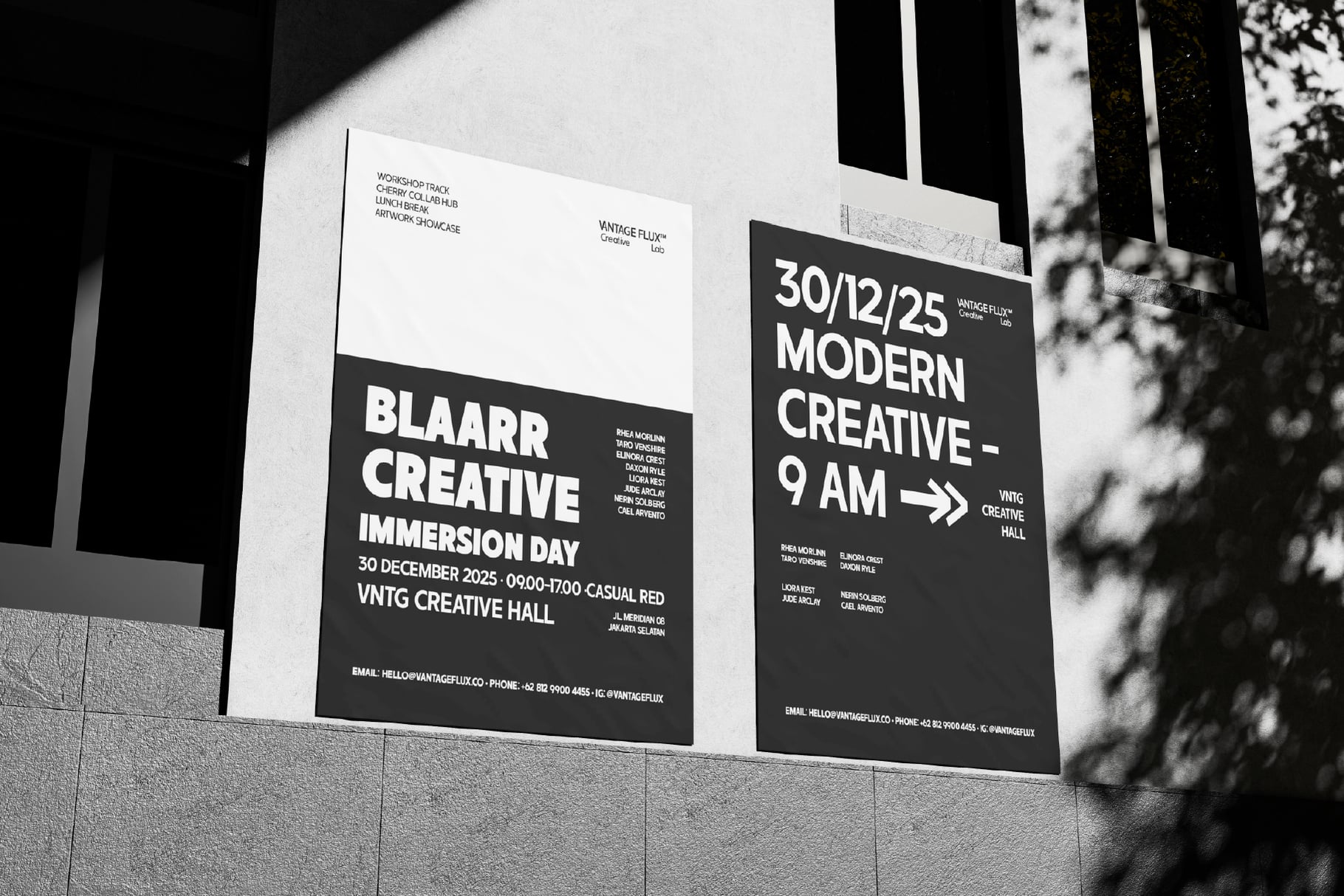Minimalist black posters mounted on concrete wall with shadow overlay announcing creative events