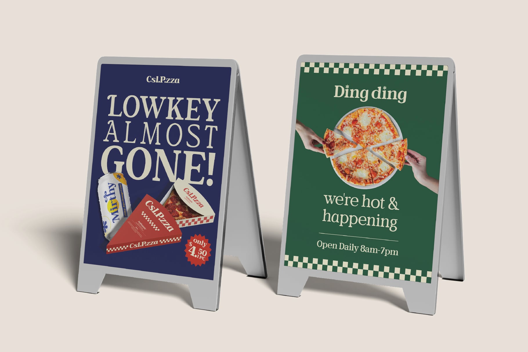 Two pizza shop A-frame sidewalk signs with playful copy, one navy one green, both with checkered borders