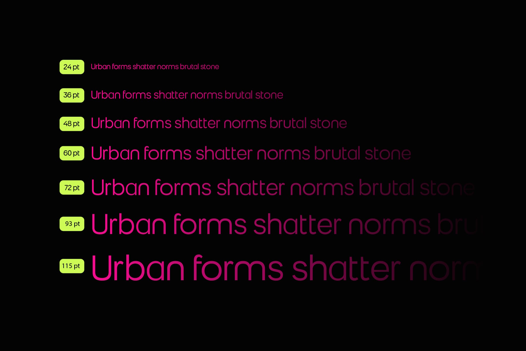 Font mockup showing Urban Forms typeface in hot pink across multiple sizes with lime badges
