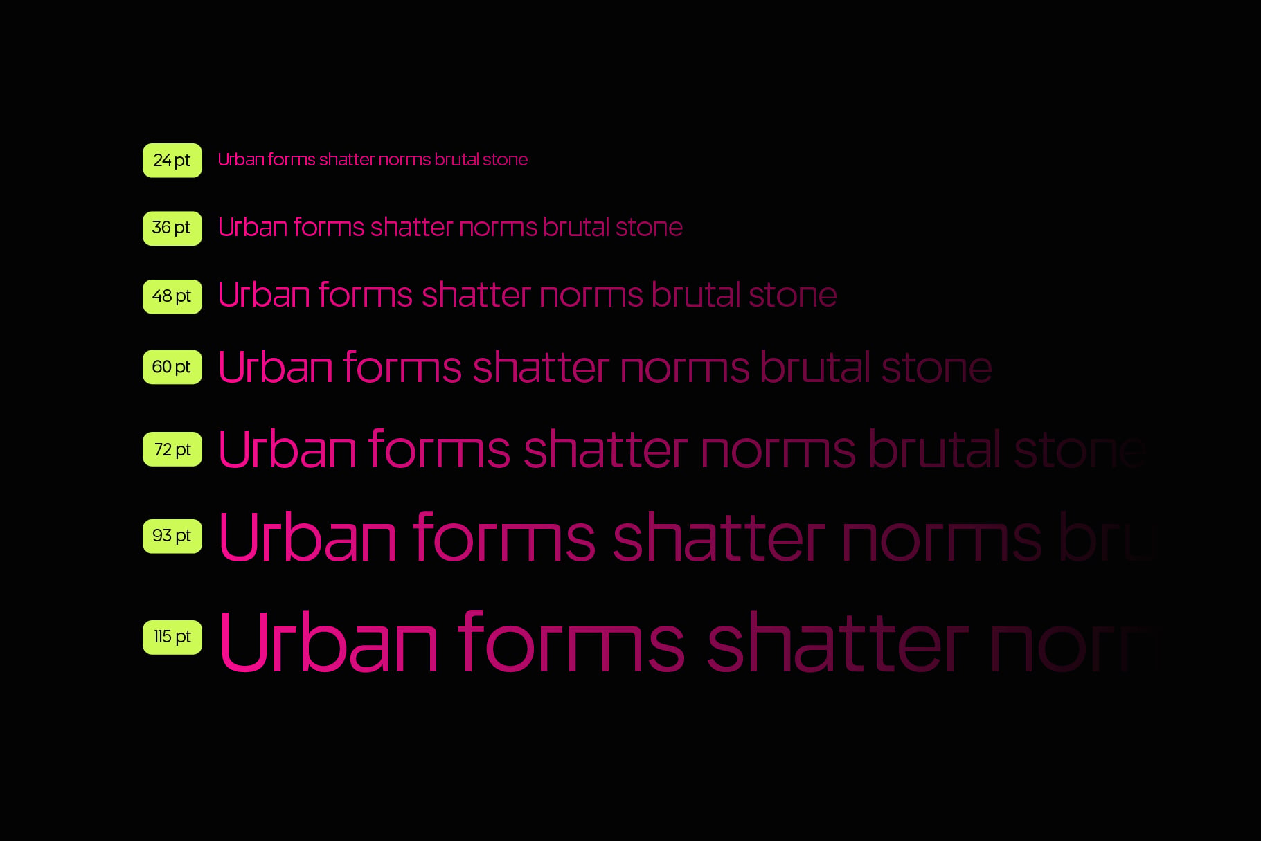 Font size scale showing Urban forms shatter norms brutal stone typeface in hot pink