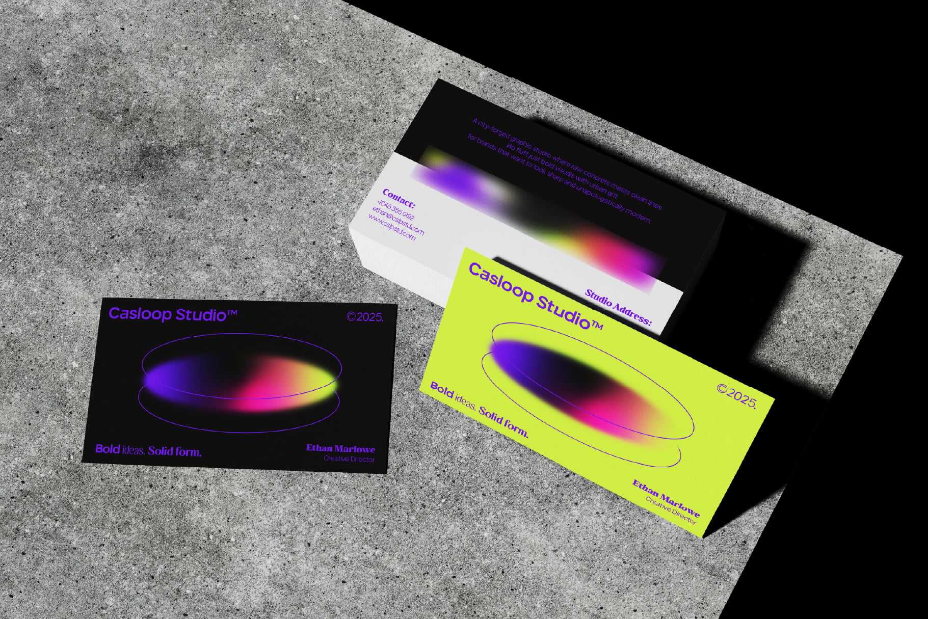 Business cards mockup with neon gradient glitch effect on concrete background