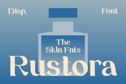 Rustora serif font display with cream lettering on blue bottle mockup