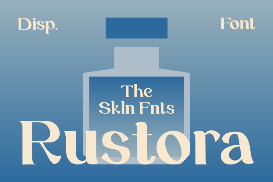 Rustora serif font display with cream lettering on blue bottle mockup