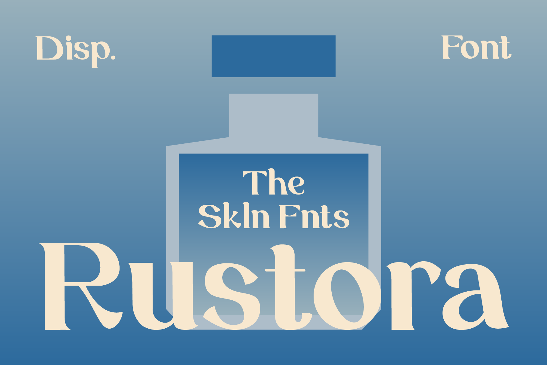 Rustora serif font display with cream lettering on blue bottle mockup