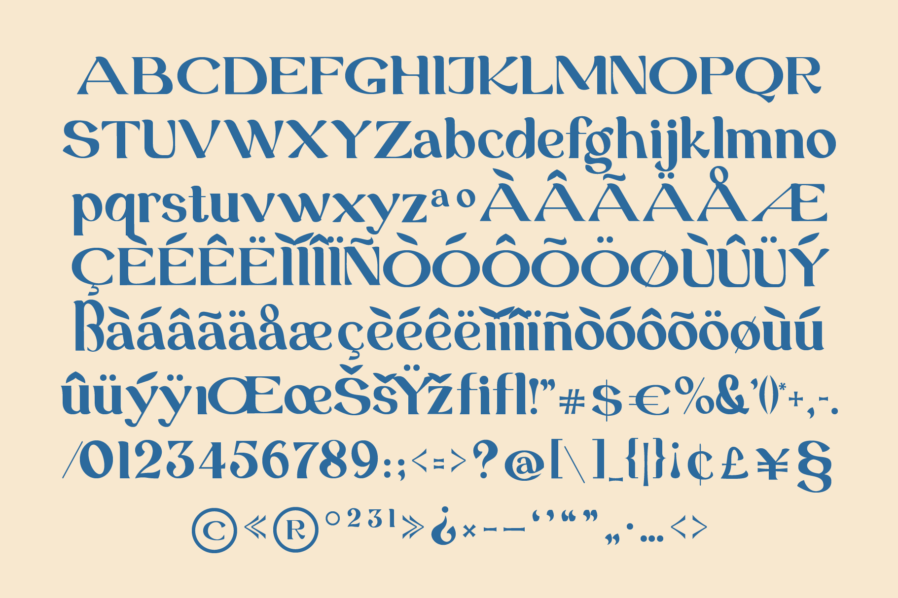 Elegant serif font with international characters, accents, numbers plus symbols on cream background