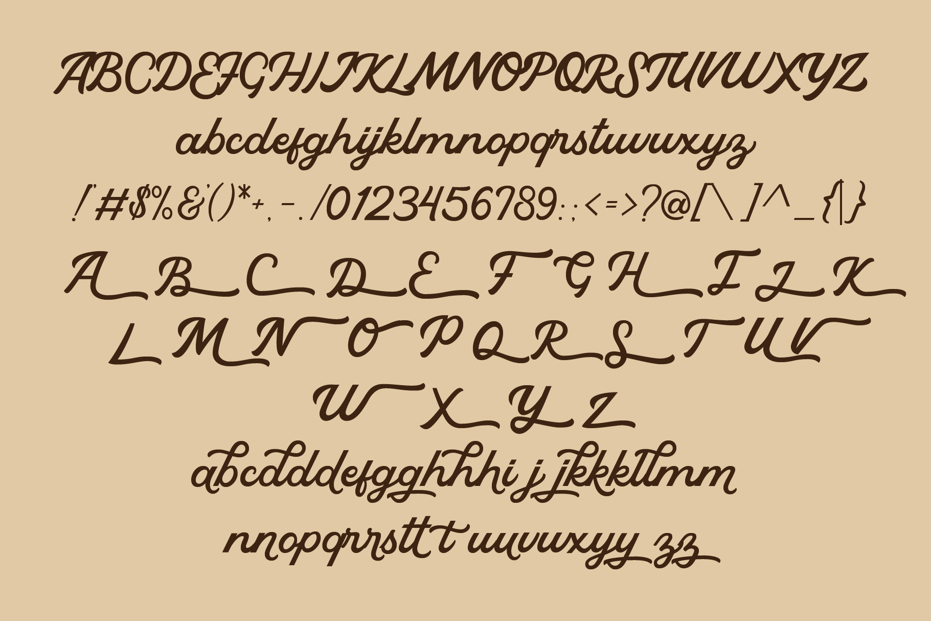 Elegant italic script font with full character set including numbers, symbols, ligatures on beige background