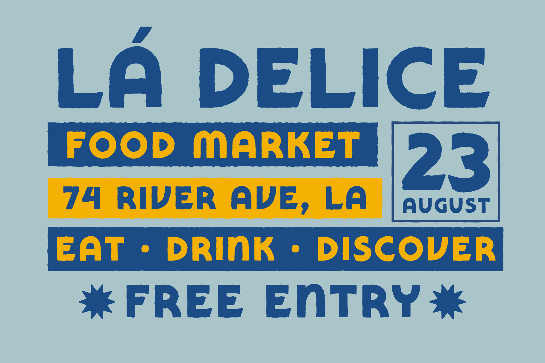 Retro food market event poster with bold navy typography, yellow accents, calendar date, address details