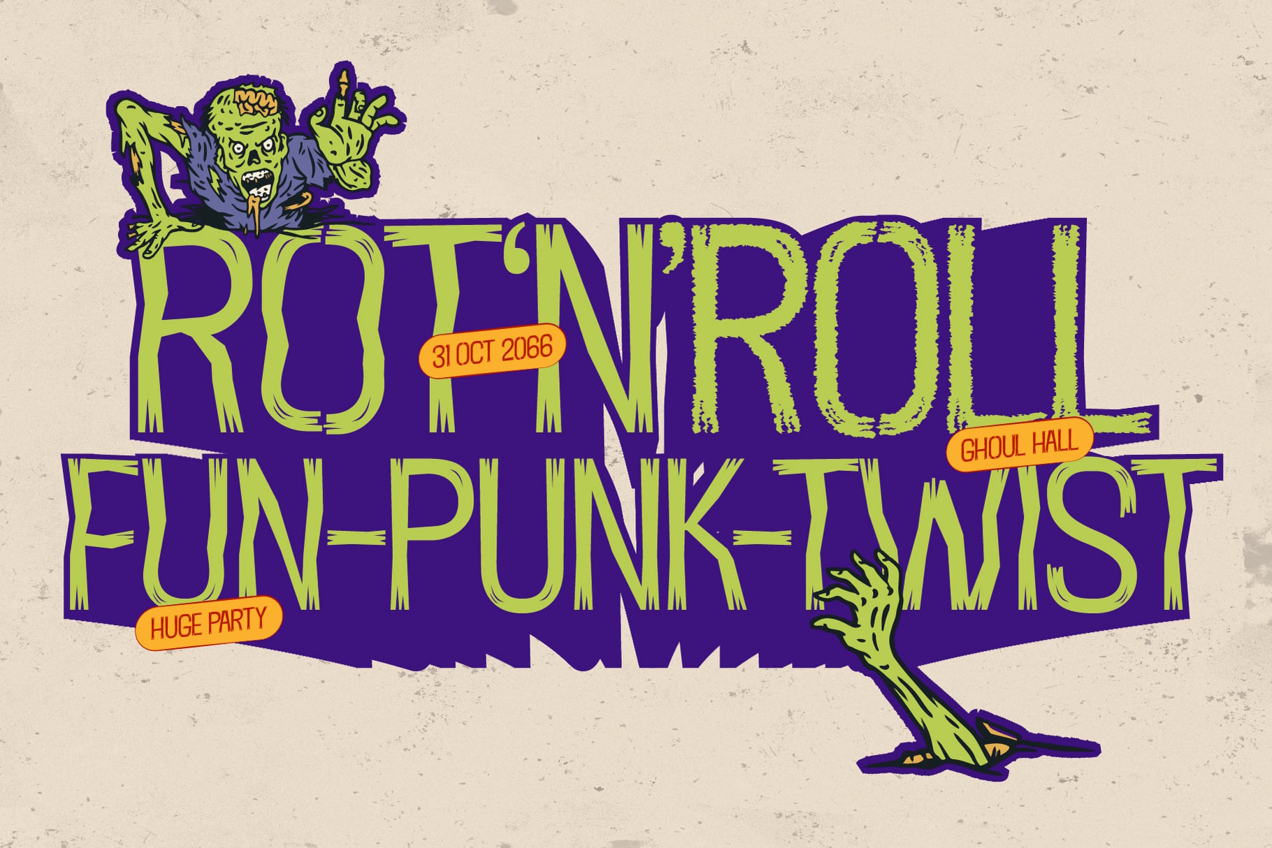 Zombie-themed poster for a Halloween party with lime green lettering, purple details, spooky creatures, orange event badges on textured background