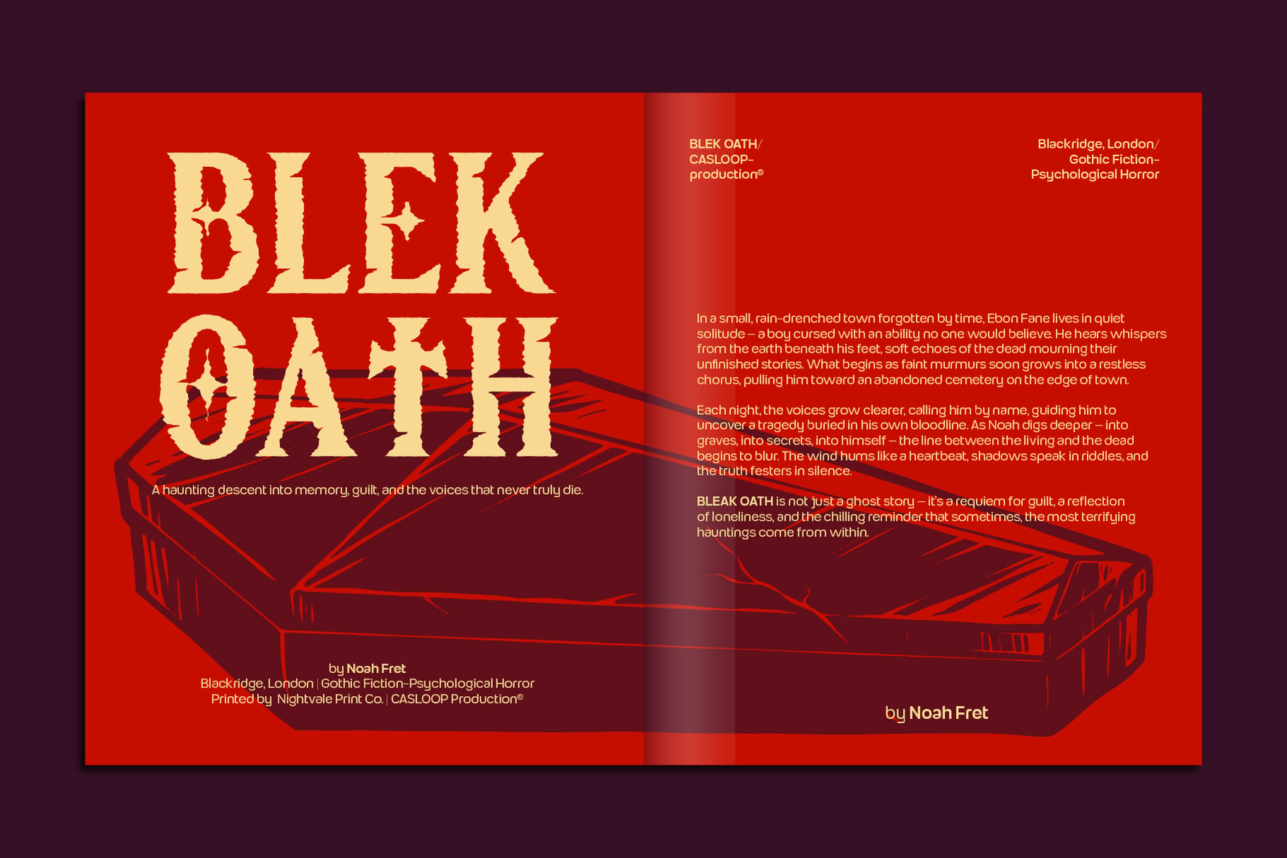 Bleak Oath book spread with crimson background, cream typography, coffin illustration