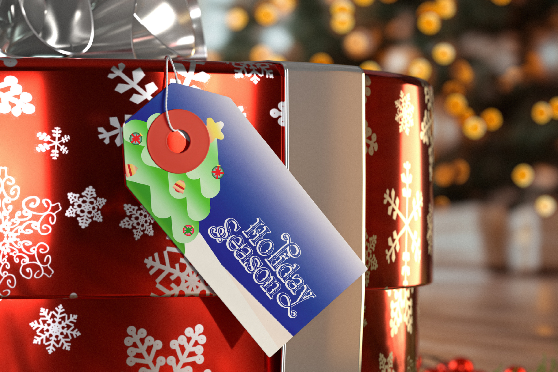 Holiday gift tag mockup on red snowflake box with festive ornament charm