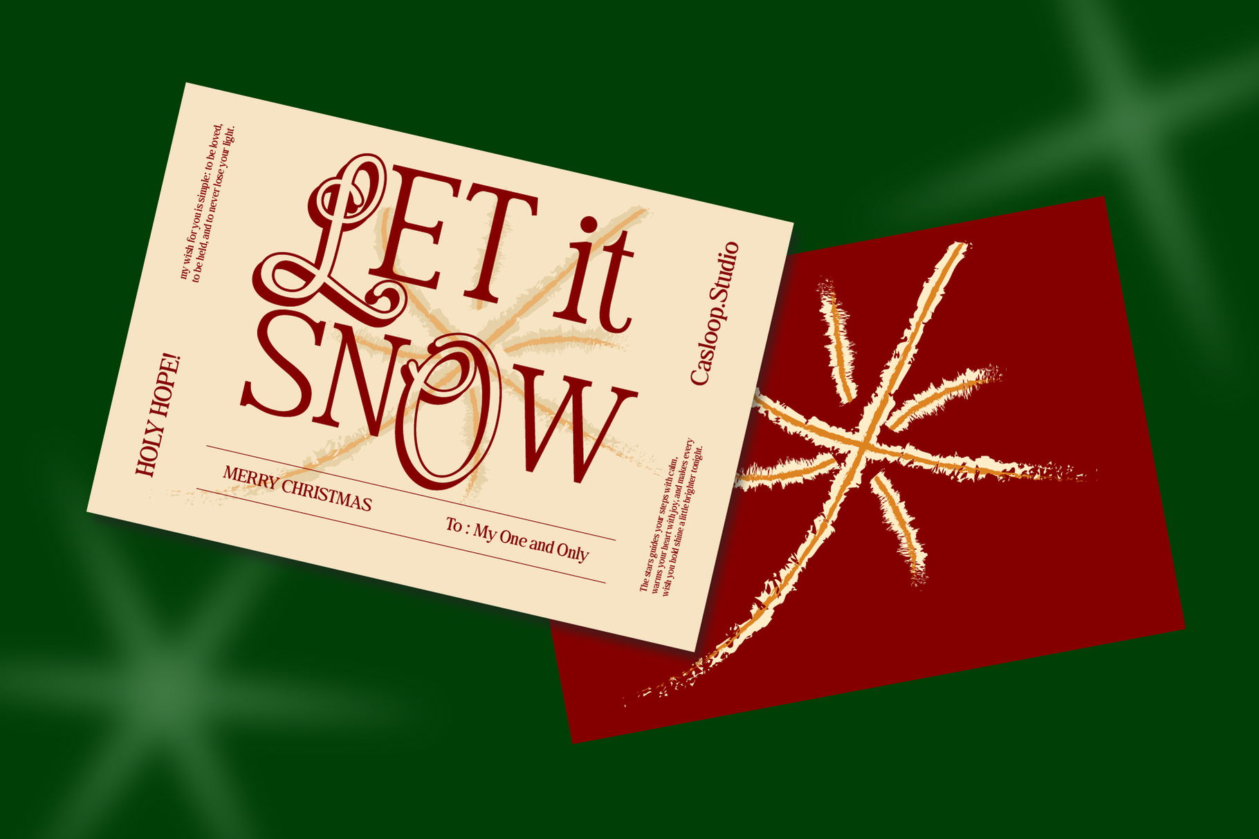 Cream postcard with burgundy "Let it Snow" lettering next to red card with gold snowflake